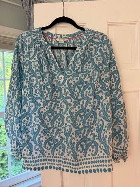 Boden Teal and White Paisley Scoop Neck Top